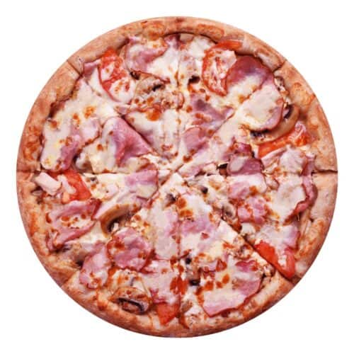 Свежая и ароматная пицца "Корона" с карбонадом, курицей и грибами, идеально для любителей пиццы, доставка по городу.