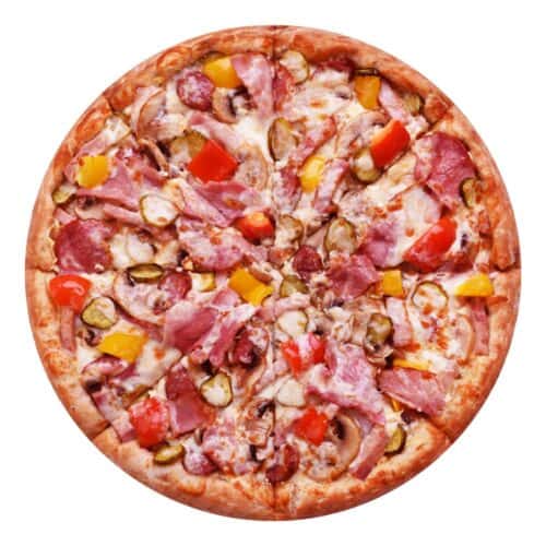 Яркая пицца "Шаолинь" с мясом и овощами.