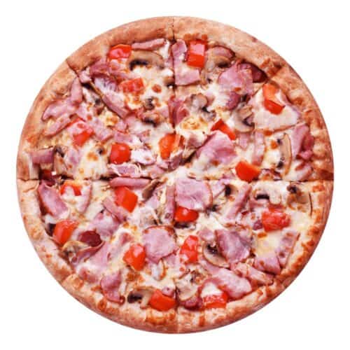 Свежая пицца "Императорская" с мясом, овощами и расплавленным сыром, идеальный выбор для обеда или ужина.