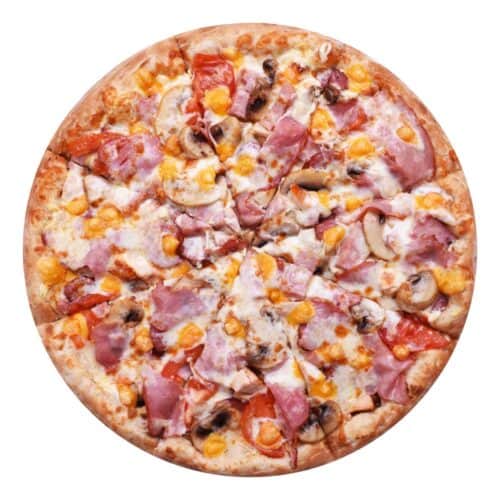 Горячая мясная пицца «Панда» томатами, грибами и сыром. Бесплатная доставка в Курске.